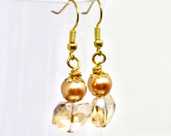 Large champaign pearl with sparkling gold crystal earrings, dressy drops