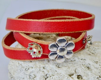 Womens Red Leather Bracelet, Infinity Circle Wrap, Leather Cuff Bracelet,  Floral Bracelet, Casual Triple Wrap,  Gift for Her