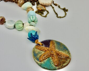 Starfish Pendant, Boho Beaded Coastal Ceramic Necklace, Aqua Blue Casual Nautical Chain Necklace,  Beach Art Jewelry, Anniversary Gift