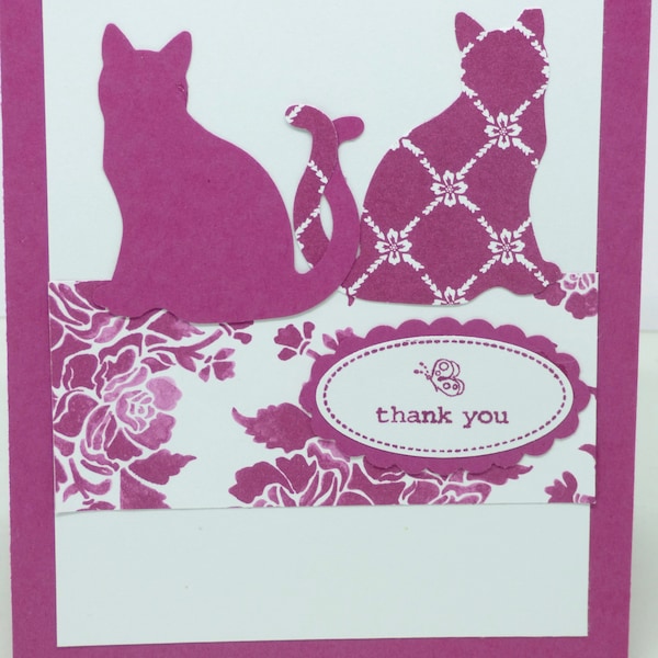 Thank You Card, Feline Thanks Greeting Card, Feminine Floral, Spring Blank Thank You Cat Lover, Flowers and cats,