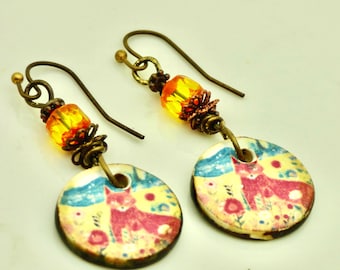 Handmade Fox Earrings: Vintage Czech Bead, Antique Bronze