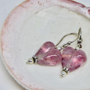 Pink heart earrings, raspberry pink veined lamp work, silver heart art jewelry, girlfriend gifts, bridal party, anniversary gift for her