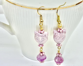 Lilac Cat Dangle Earrings: Feline Art Jewelry, Fun Gift