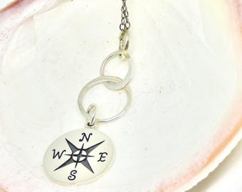Sterling Silver Compass Pendant Necklace: Graduated Circle Links, Keepsake Gift