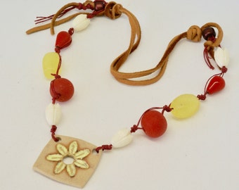 Boho Yellow Necklace, Rustic Floral Necklace, Orange and Yellow Necklace, Bright Colorful Chocker, Botanical Leather Necklace, Wearable Art