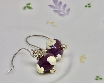 Purple Floral Earrings, Eggplant and white dangles, Ceramic Flower Earrings, Artisan Sterling Silver Earrings,  Botanical Art Jewelry, Gift