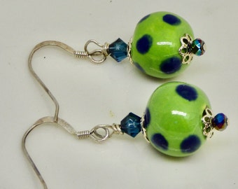 Modern Blue and Green Earrings, Sterling Polka Dot Round Geometric circle dangles, casual green drops for St. Patricks Day