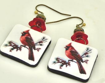 Handmade Cardinal Earrings: Winter Bird Art Jewelry