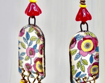 Botanical Dangle Earrings, Retro Floral Drops, Grubbi Artisan Ceramic