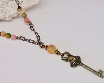 Rabbit and Skeleton Key Pendant, Animal Necklace, Pet Bunny Jewelry, Long Pastel Pink and Green Beaded Chain Necklace, Gift for Nature Lover