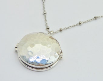 Round Sterling Locket with Hammer Finish on unique chain. Mothers day gift, Perfect for small picture, lock of hair, message. Locket Jewelry