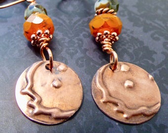 Crescent Moon and Stars Boho Earrings, Hand Forged Celestial Tangerine Crystal Dangles, Textured Copper Art Jewelry, Unique Gift for Her