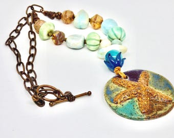starfish pendant, beaded coastal ceramic necklace, chain necklace,  beach art jewelry