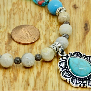 Turquoise Blue and Silver Pendant on beaded necklace, earthy natural colors, desert inspired, ornate silver, coastal cowgirl gift image 2