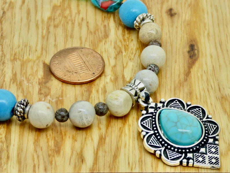 Turquoise Blue and Silver Pendant on beaded necklace, earthy natural colors, desert inspired, ornate silver, coastal cowgirl gift image 2