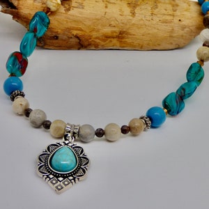 Turquoise Blue and Silver Pendant on beaded necklace, earthy natural colors, desert inspired, ornate silver, coastal cowgirl gift image 9