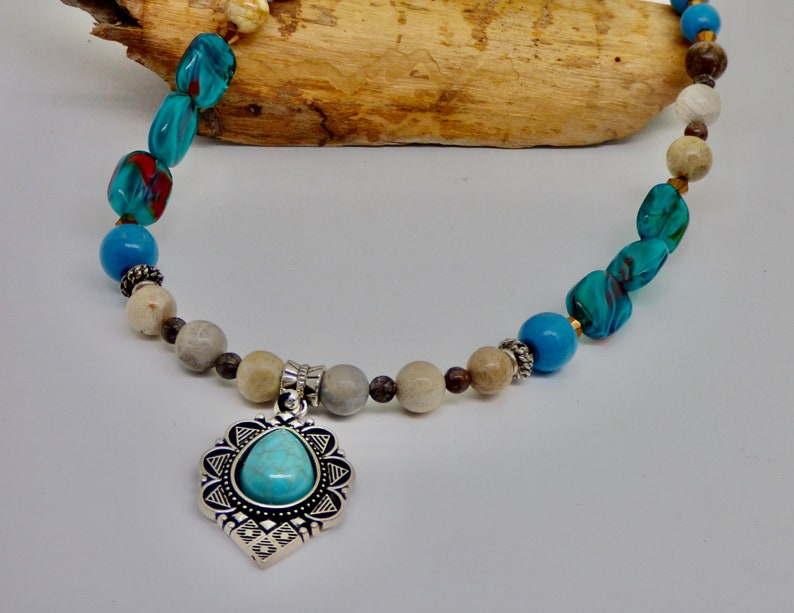 Turquoise Blue and Silver Pendant on beaded necklace, earthy natural colors, desert inspired, ornate silver, coastal cowgirl gift image 9