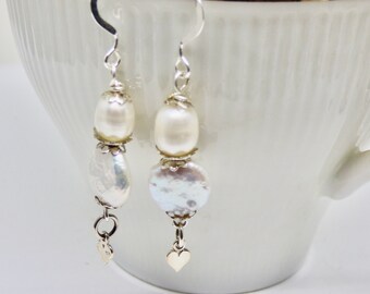 Freshwater coin and potato pearls with tiny sterling silver hearts, Pearl Dangles, Wedding Drops,  Mothers Day Gift for Her