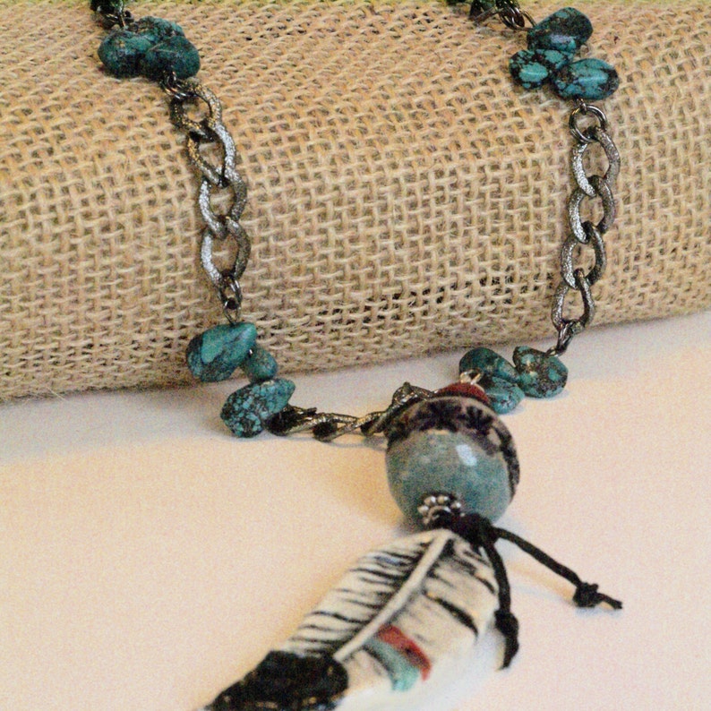 Feather Necklace, Southwest Jewelry, Talisman Turquoise Red, Feather ...