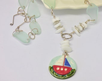 Sailboat Pendant, Ocean Sailing Art Jewelry, Nautical Statement Beach Necklace, Aqua Cultured Sea Glass, Red White Blue, Anniversary Gift