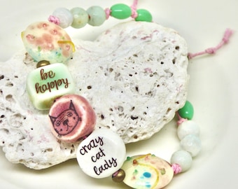 Cat Bracelet: Artisan Feline Art Bead, Boho Pink & Green