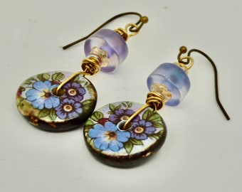blue periwinkle floral earrings, blue flowers. handmade botanical art jewelry, boho statement dangles, fashion accessory, gift for her
