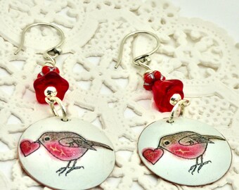 Red Robin Earrings, Handmade Bird Art jewelry,  Nature Lovers Spring Dangles