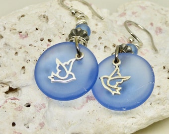 Blue Bird Earrings, Sterling Peace Dove Dangles,  Pastel Blue Faux Sea Glass, Nature Lover Gift for Her