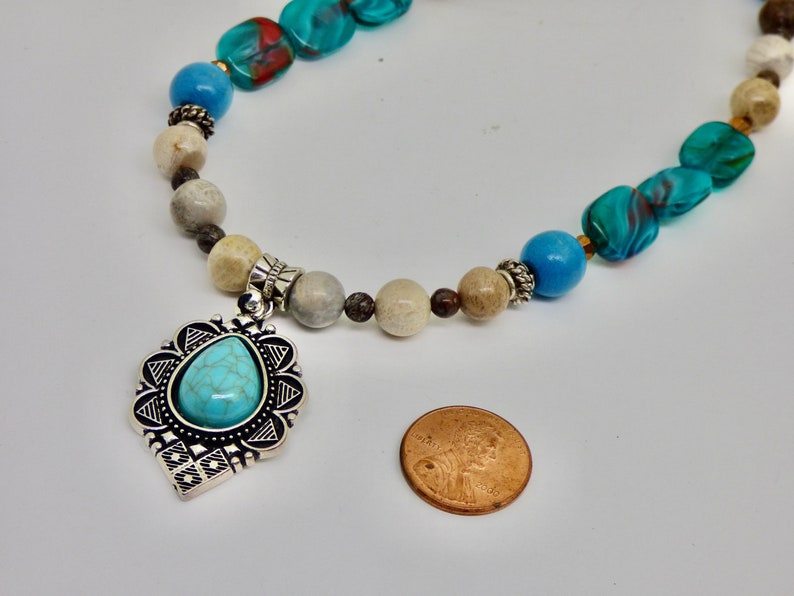 Turquoise Blue and Silver Pendant on beaded necklace, earthy natural colors, desert inspired, ornate silver, coastal cowgirl gift image 5