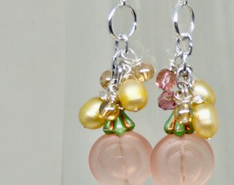 Peaches and cream beaded earrings,  Dangle Style with Multiple Assorted Pastel Pink Colors, Floral drops, Mothers Day Gift for her