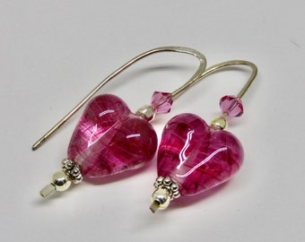 Pink Heart shaped  Lampwork Earrings with Hand Forged Sterling Silver Ear Wires and rose Swarovski crystals Anniversary Gift for Wife