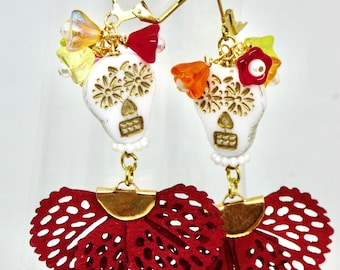 Dia de Los Muertos Earrings, Day of the Dead Dangles, Skulls, Flowers and Fans