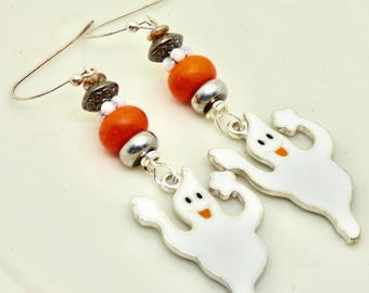 Ghostly Halloween earrings,  white ghost dangles, fall autumn