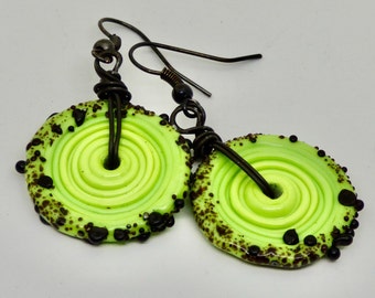 Wasabi Pea green geometric earrings, green art jewelry, green and black round Lampwork dangles,  summer accessory, birthday gift