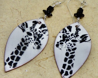 giraffe earrings, black and white enamel, high contrast oval statement dangles, nature inspired  animal art jewelry, safari, gift for her