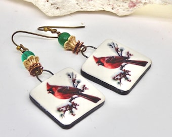 Red Cardinal Dangle Earrings: Handmade Ceramic Bird Lover Gift