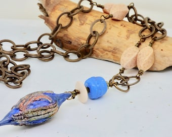 Seed Pod Pendant, Organic Long Chunky Chain Necklace, Boho Art Jewelry, Blue Nature Inspired Statement Necklace, Botanical Jewelry, Gift