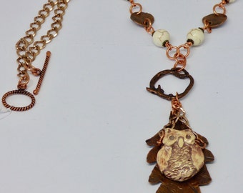 Owl pendant on Handmade Copper Oak Leaf Necklace on Long Chain, Large Casual Boho Bird Art Jewelry, Inspired by Nature Woodland Gift