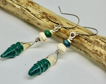 Emerald Green and White Earrings, Modern Hand Forged Sterling Silver Ear wires, Boho Geometric Dangles, Art Jewelry, Unique Gift for Woman