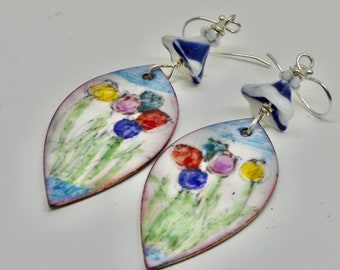 tulip flowers, sterling silver enameled handmade statement dangles, floral art jewelry, nature inspired, large OOAK drops, gift for her