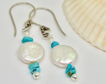 Freshwater Coin Pearls withTurquoise and Sterling silver earrings, White Freshwater Pearl Dangles, Southwestern Pearl Earrings, Gift for Her