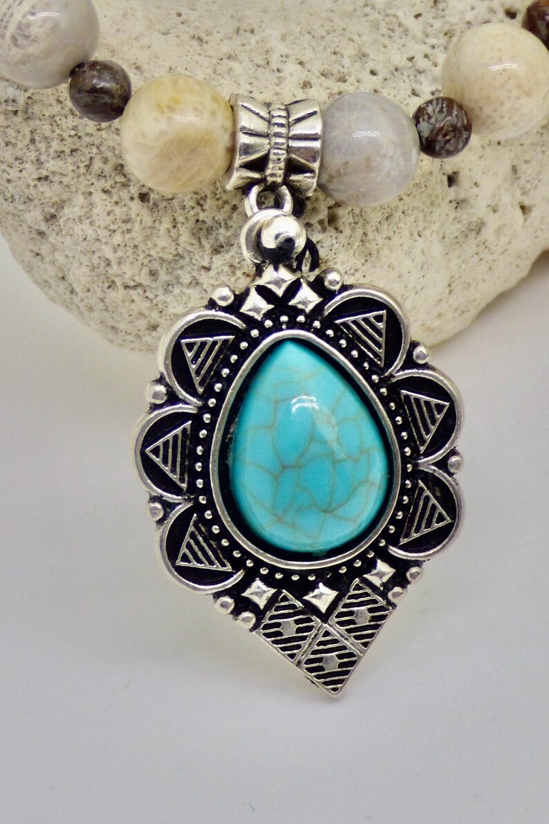 Turquoise Blue and Silver Pendant on beaded necklace, earthy natural colors, desert inspired, ornate silver, coastal cowgirl gift image 3