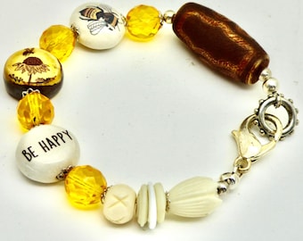 Bee Happy Floral Bracelet: Whimsical Beaded Art Jewelry