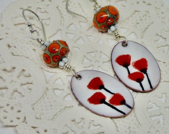 floral earrings, large modern statement casual red orange dangles with flowers, nature inspired, enamel art jewelry, botanical gift for her