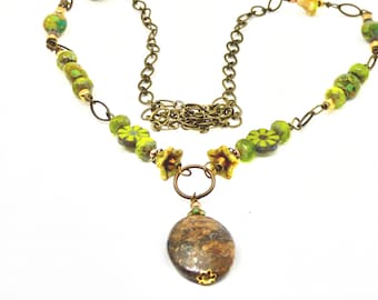 Green Floral Beaded Necklace: Botanical Czech Glass & Brass Chain