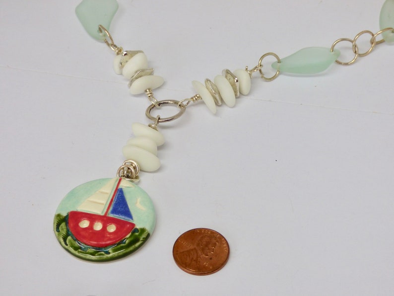 Beach Necklace Cultured Sea Glass Necklace Sailboat Pendant Nautical Necklace Red White Blue Art Jewelry Aqua Necklace Boat Jewelry