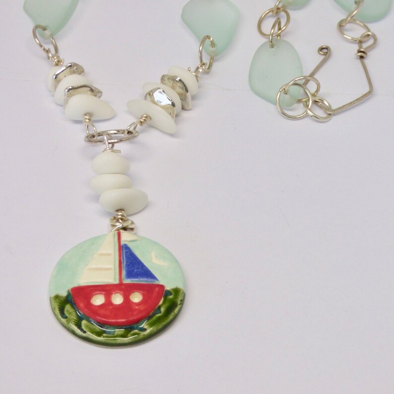 Beach Necklace Cultured Sea Glass Necklace Sailboat Pendant Nautical Necklace Red White Blue Art Jewelry Aqua Necklace Boat Jewelry