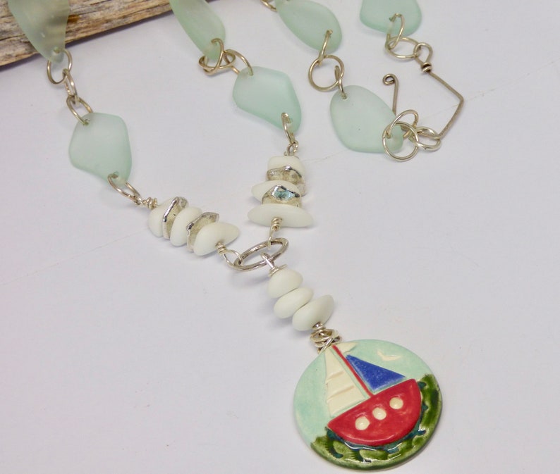 Beach Necklace Cultured Sea Glass Necklace Sailboat Pendant Nautical Necklace Red White Blue Art Jewelry Aqua Necklace Boat Jewelry