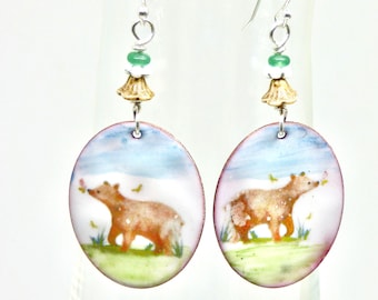 Enameled Bear Earrings: Handmade Animal Art Jewelry, Sterling Silver