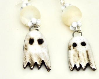 Enameled Ghost Earrings: Sterling Silver Halloween Dangles